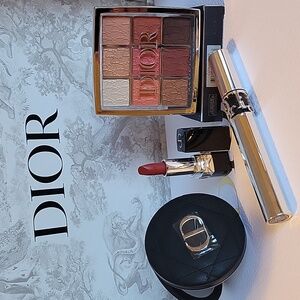 Dior Lipstick in Bold Red with Elegant Eyeshadow Palette + Black Mirror